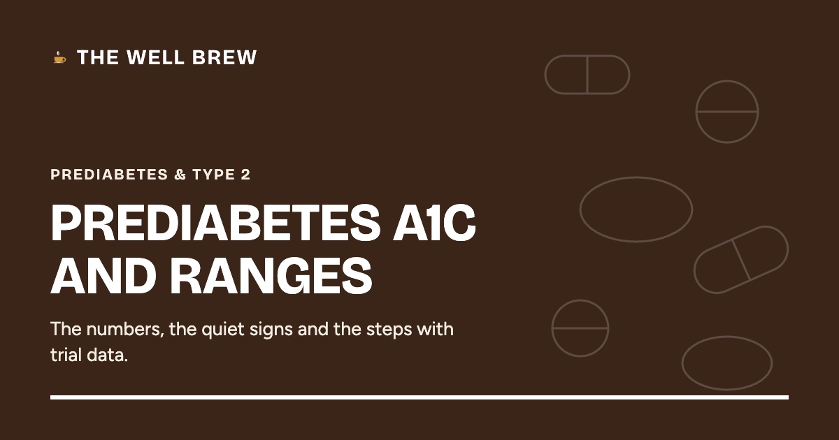Green The Well Brew card in the Prediabetes and Type 2 category with the title Prediabetes A1C and Ranges and a line about numbers, quiet signs and trial-backed steps.