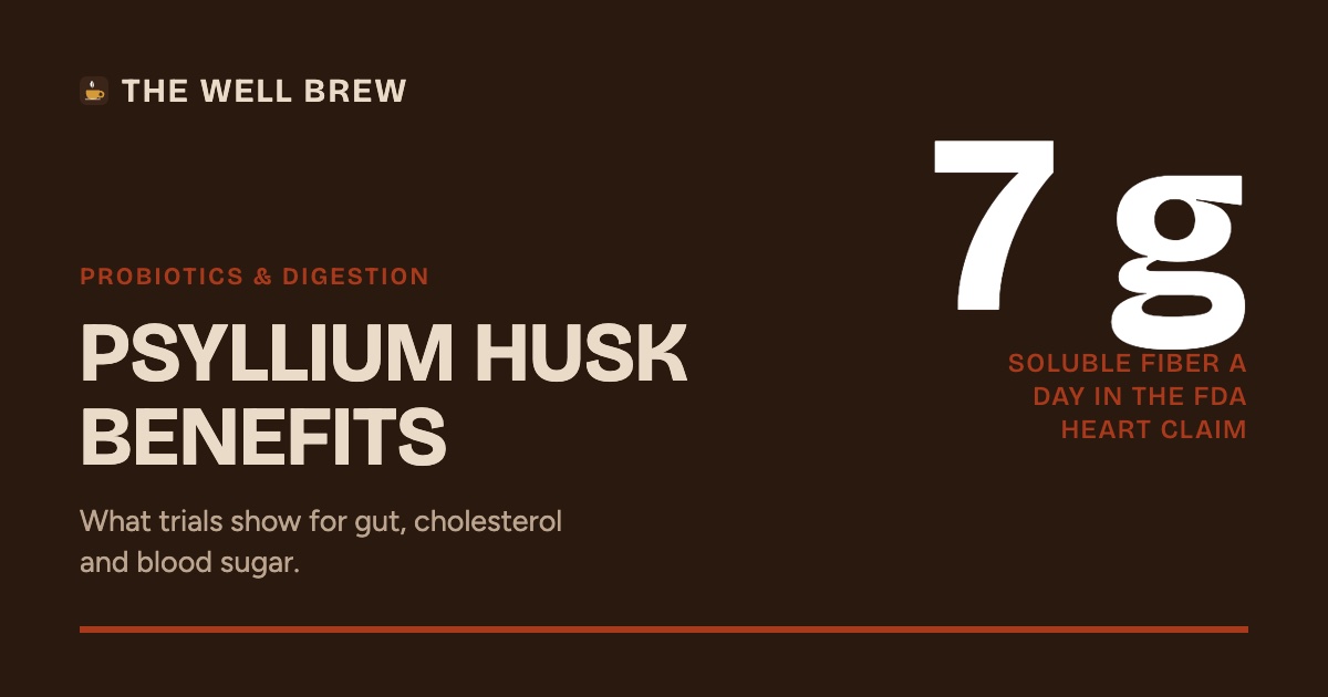 Dark The Well Brew card in the Ingredients category titled Psyllium Husk Benefits, with a large 7 g figure for the daily soluble fiber in the FDA heart claim.