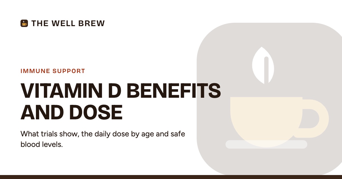 White The Well Brew card in the Immune Support category titled Vitamin D Benefits and Dose, with a line about what trials show, the daily dose by age and blood levels.